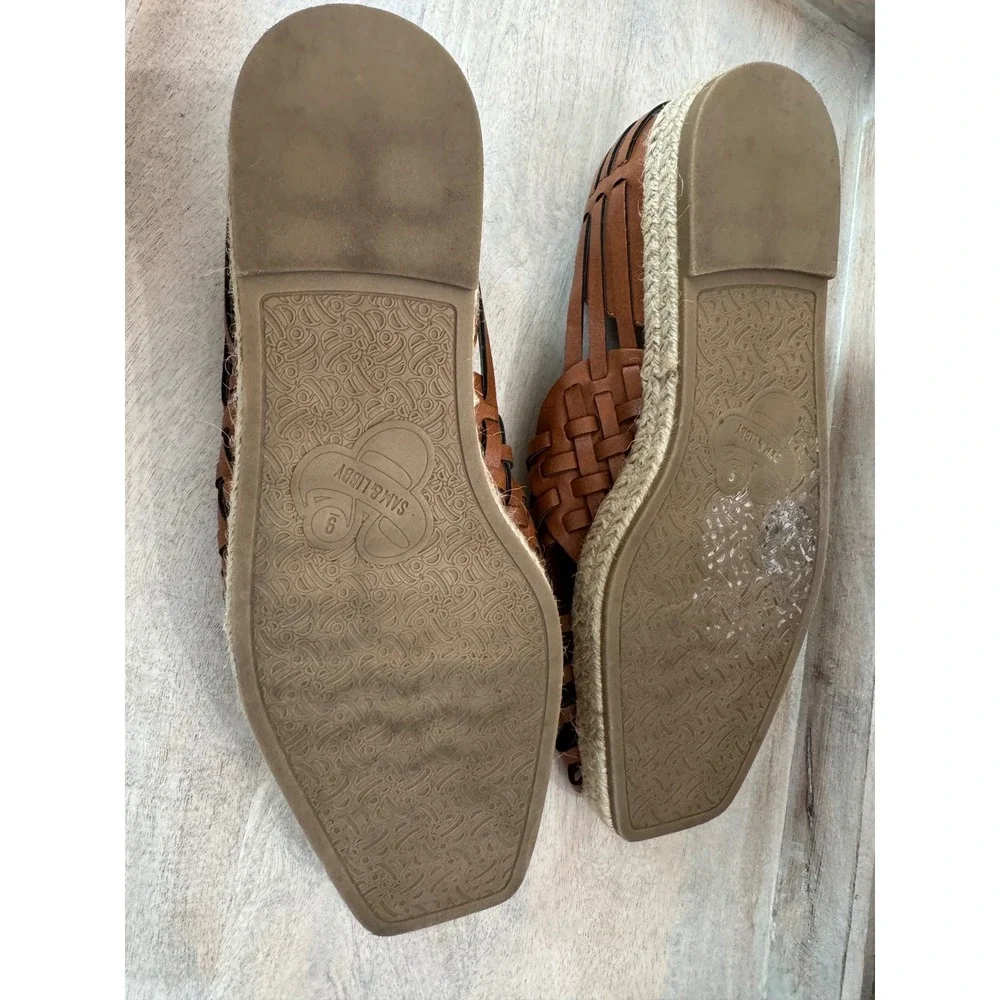 Sam & Libby Cognac Brown Woven Huarache Espadrille Flats Square Toe women's 9